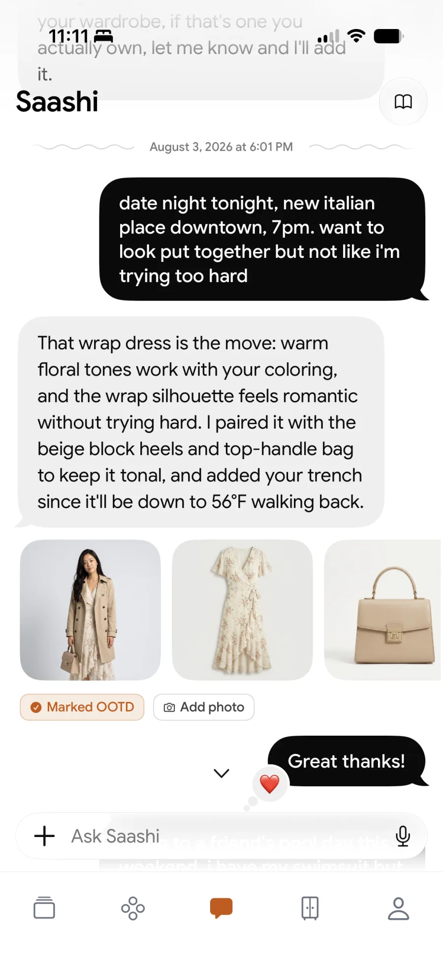 A chat with Saashi: an outfit picked for a date night, with the trench, dress, and bag it pulled from the user's wardrobe
